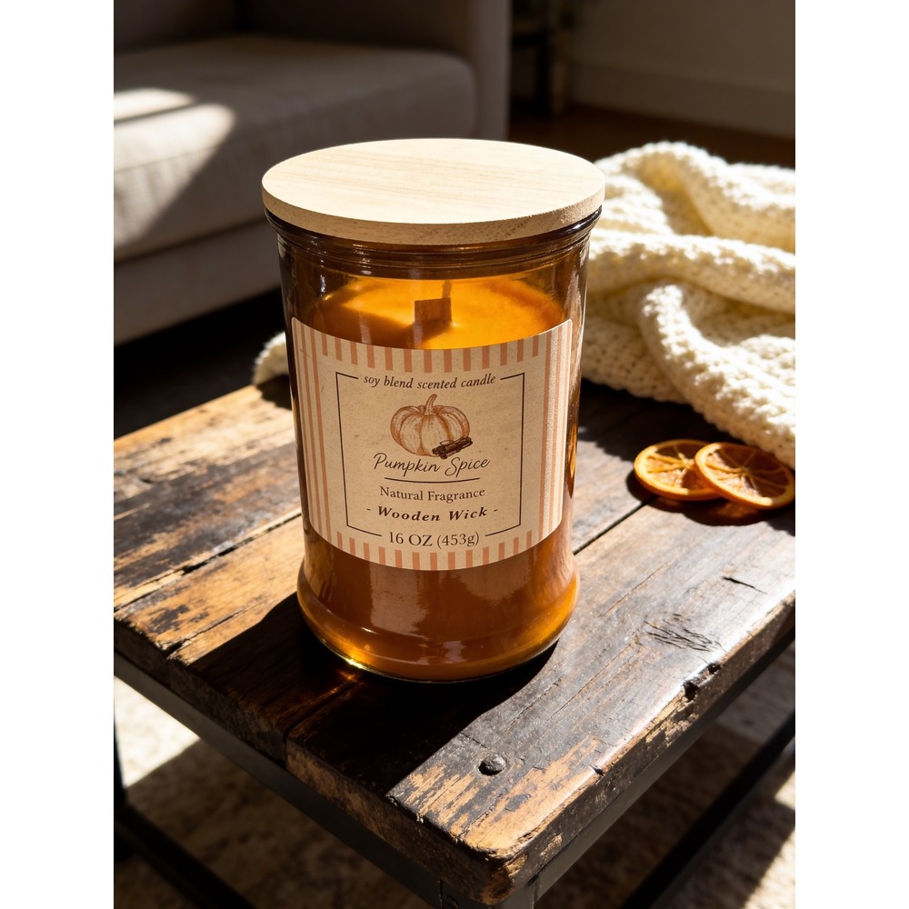 DW Home Pumpkin Spice Soy Blend Wooden Wick Candle‎ 16 oz Amber Jar